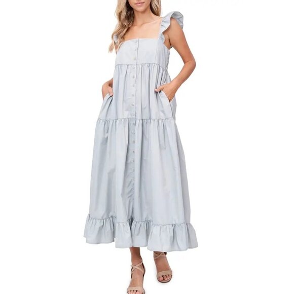 En Saison Flutter Sleeve Tiered Midi Dress Womens Size S Pockets Minimalist Boho - Picture 1 of 8